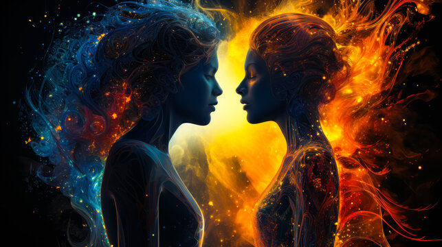 Two Women Silhouettes in Love - Spiritual Life Concept
