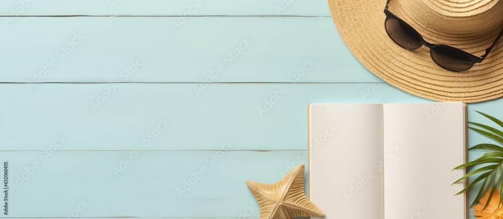 Aufkleber a flat lay image showing a blank writing book with summer beach accessories in the background. copy 