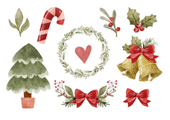 Isolated Christmas decorations elements. Holly plant, ribbon, wreath, bell, sugar cane, Christmas tree. Watercolor holiday drawings collection. Seasonal illustration for winter, posters, cards.
