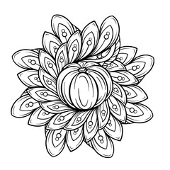 Black and white autumn ornament. Pumpkin and autumn floral motifs coloring page