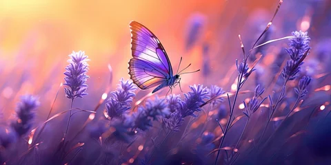 Washable wall murals Meadow, Swamp Purple lavender fields in summer. Beautiful nature landscape with flowers in outdoor meadow. Colorful butterfly and wildflower