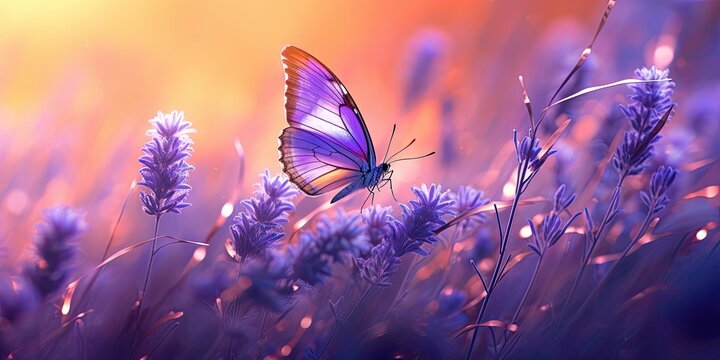 Purple lavender fields in summer. Beautiful nature landscape with flowers in outdoor meadow. Colorful butterfly and wildflower