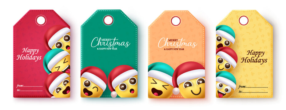 Christmas emoji tags set vector design. Emojis tags and sticker collection for holiday season party occasion gift tag elements. Vector illustration emojis character tags collection.
