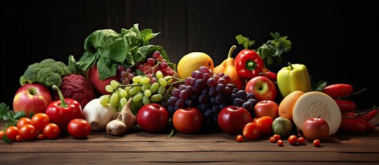 Healthy eating is represented by a photo of various fruits and vegetables placed on a wooden table in a studio setting.