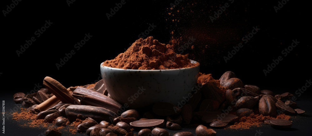Poster the idea of chocolate and cacao is illustrated by a bowl of cocoa powder, alongside cocoa beans and 