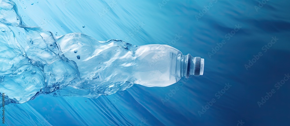 Aufkleber an empty crumpled plastic bottle is seen on a blue background from a top view, with space for copyin