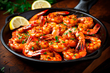 Cooked shrimps. A dish with shrimps. Delicious shrimps