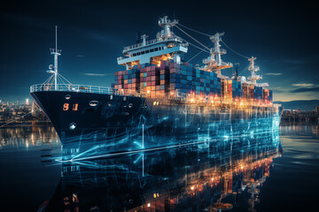 Modern commerce shit stans in port with abstract illustration of cybersecurity