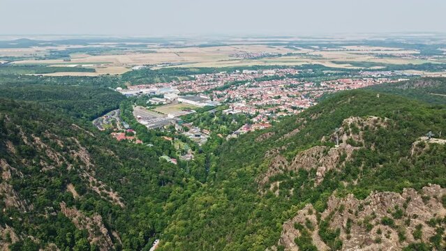 Aerial drone view of bode valley , Harz Mountain in thale , Saxony-Anhalt , Germany
