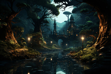 illustration of mysterious river in fairy tale forest at midnight with moonlight