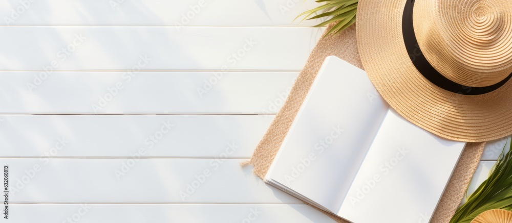 Poster flat lay with copy space featuring a blank writing book with summer beach accessories in the backgro