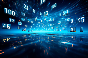 Fototapeta premium Abstract blue background with numbers. blue waves and glow