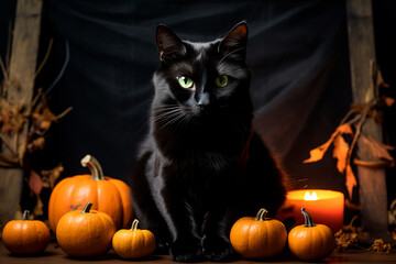 Black cat among pumpkins. Autumn atmosphere of Halloween. 