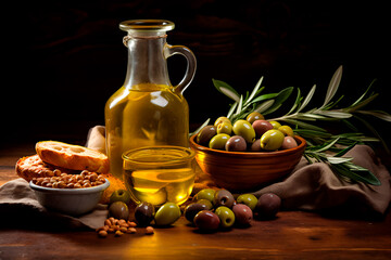 Olives and olive oil on a wooden table