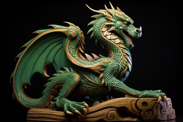 Obraz premium Green wooden dragon as a symbol of the 2024 year. Fantasy style.