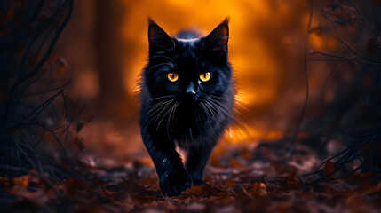 Black cat walking in a autumn orange forest cinematic hd desktop wallpaper ai generated