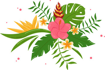Hawaiian bouquet for greeting card, wedding.Tropical flowers, palm leaves, jungle leaf, bird of paradise flower, hibiscus. Vector illustration