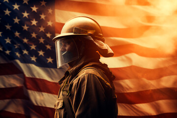 Firefighter on the background of the USA flag. Labor Day. 