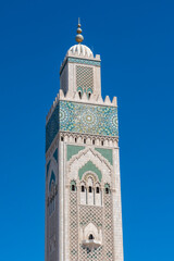 View of the 210m high minaret of the Hassan II mosque in Casablanca