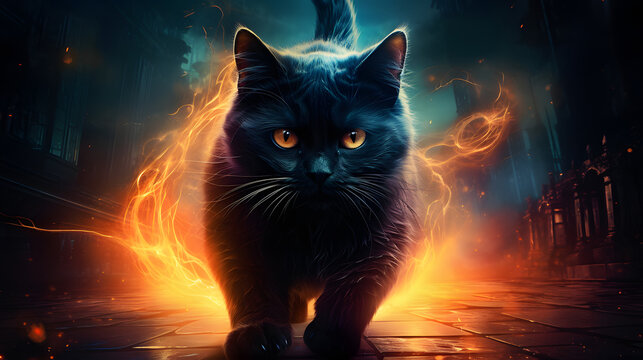 Cinematic cat walk close up face with fire magical particles flying from behind hd desktop wallpaper ai generated