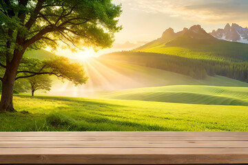 spring green meadow bokeh background with empty wooden table for product display, nature blurred background