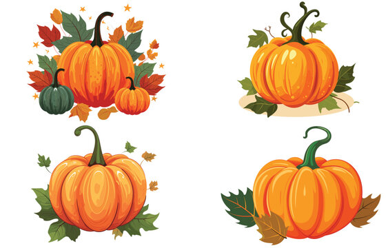 pumpkins with leaves icon , isolated flat vector illustration on white background, pumpkin with sweet green leafs