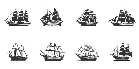 Vintage sail ship icon set. Vector illustration. - obrazy, fototapety, plakaty