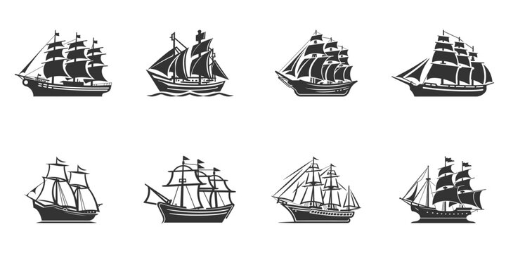 Vintage sail ship icon set. Vector illustration.