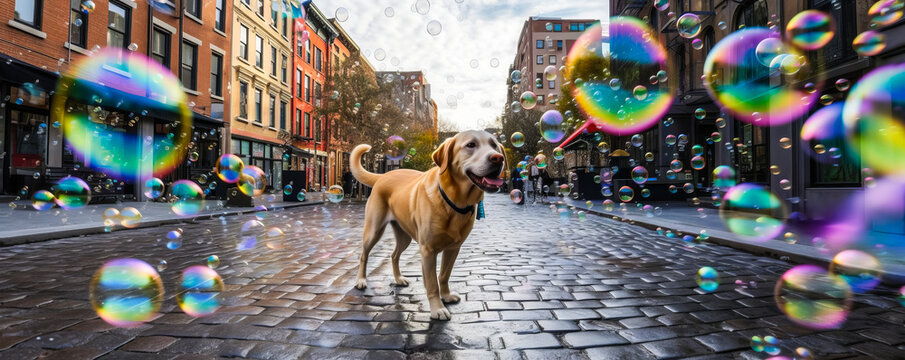 Exuberant city dog chasing enchanting soap bubbles amidst lively, colorful playground. Dynamic motion adds delightfully magical touch to urban life joy. Generative AI