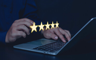 business man showing happy smile good feedback rating positive customer reviews rating satisfaction...