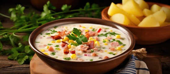 A bowl of chowder made with potatoes, ham, bacon, and sweetcorn. It is garnished with chopped parsley and ground black pepper. In the background, there are two bowls, and in the front, ladle. copy