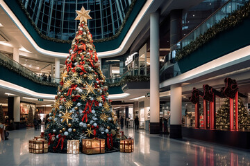 Christmas illustration of a large christmas tree in a mall 