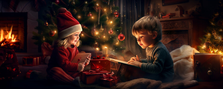 Christmas illustration of two young kids at christmas opening presents by the tree