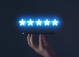 business man showing happy smile good feedback rating positive customer reviews rating satisfaction...