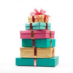 illustration of a stack of christmas presents with gold bows,  isolated on white background