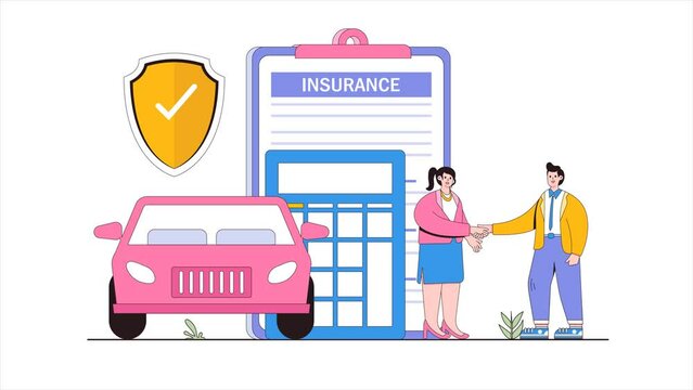 Animation footage of car insurance coverage protection contract document with shield or auto vehicle guarantee assurance legal doc policy concept