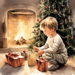 Fototapeten Christmas illustration of a young boy unwrapping his present in his jumper, by the wam fire  © Amanda
