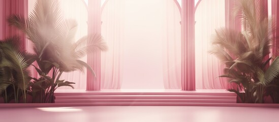 A studio background in abstract pink color gradient is used for product presentation. The room is empty with shadows of windows, flowers, and palm leaves. It is a 3D room with copy space. The backdrop