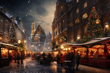Christmas illustration of a dreamy christmas market in winter, european feel - obrazy, fototapety, plakaty