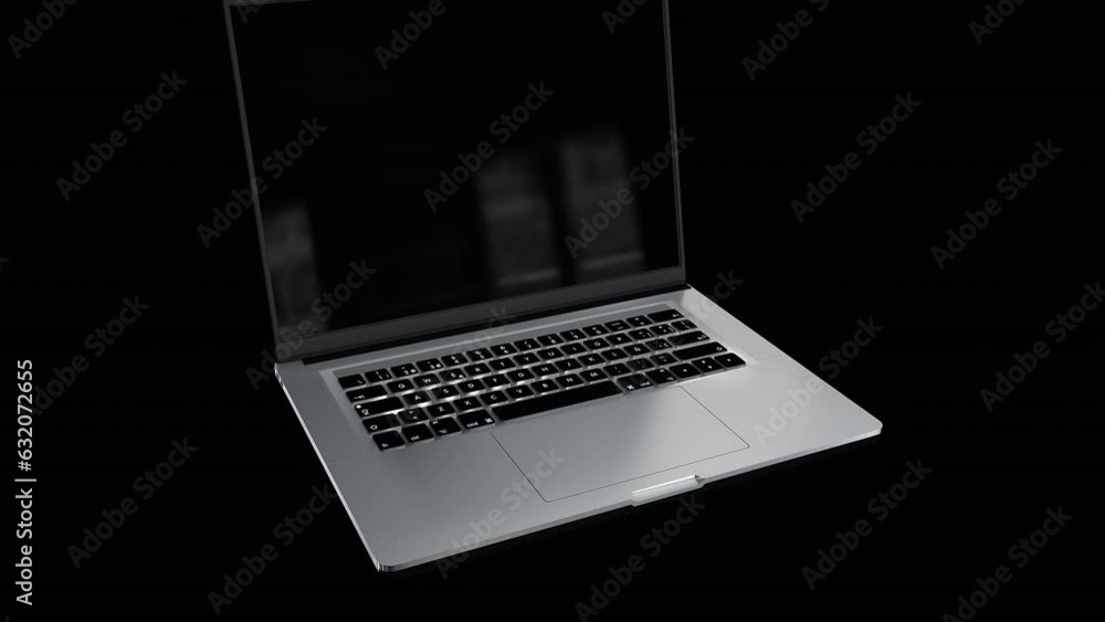 Poster high-quality laptop 3d render blank screen opening with green screen switching on - isolated on blac