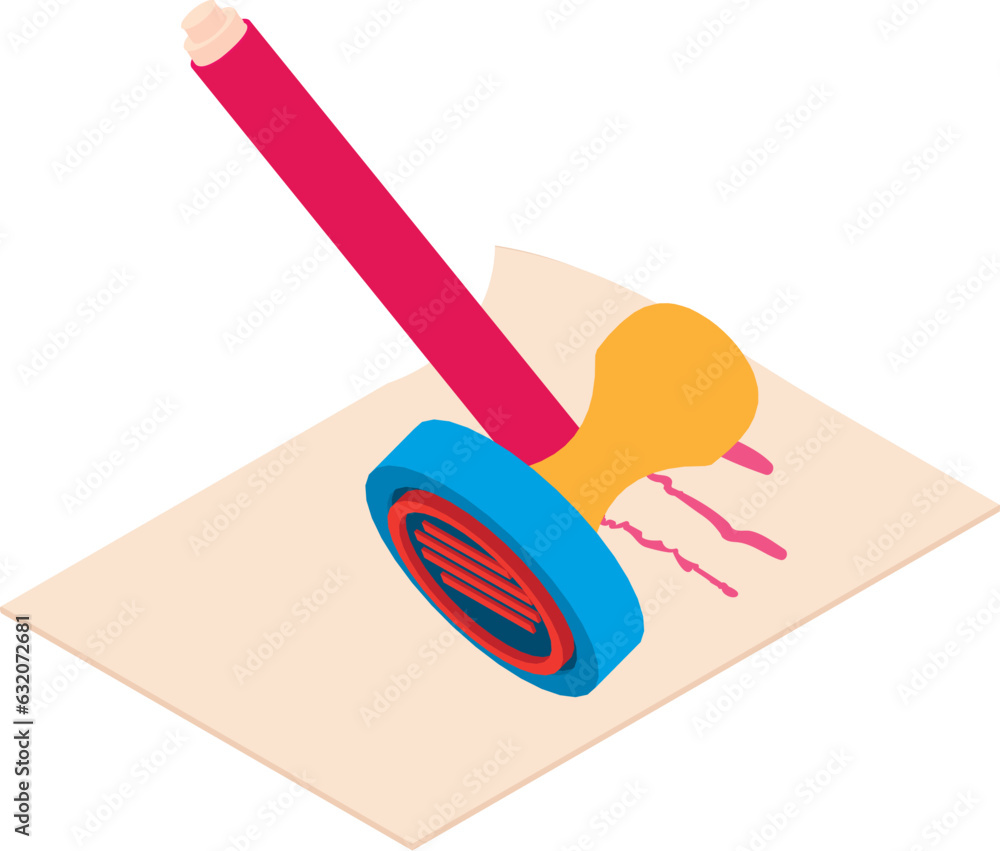 Poster paper document icon isometric vector. paper sheet with text and round stamp icon. documentation, cle