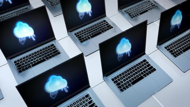 Laptops serverfarm with cloud symbols on screens connected in network structure for save data backup. 3D render animation on white