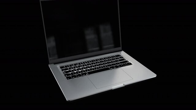 High-quality laptop 3D render blank screen opening with green screen switching on - isolated on black with alpha matte