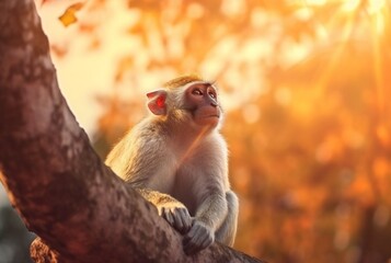 Monkey on a tree with blurred background and sunlight. generative ai