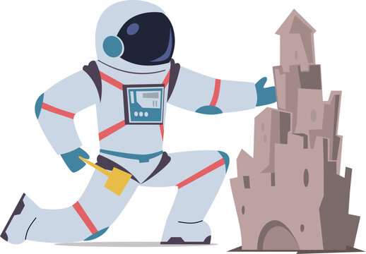 Cosmonaut build castle. Astronaut in space suit and helmet. Spaceman universe exploration and planets. Exploring outer cosmic space. Childish print. Cartoon flat isolated vector illustration