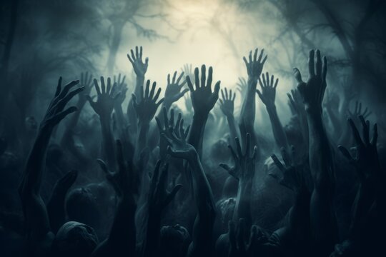 Halloween night background of numerous scary zombie hands risen up