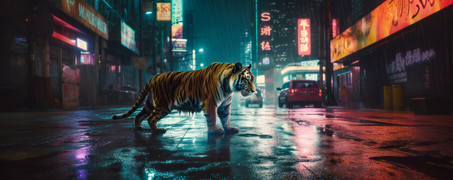 Enchanting scene of a tiger prowling on zebra crossing, captivating neon sign reflections on sleek wet asphalt. Vibrant city lights contour this unexpected encounter. Generative AI