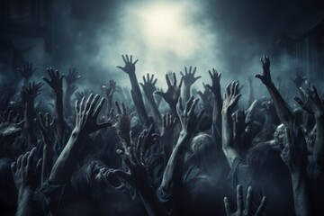 Halloween night background of numerous scary zombie hands risen up