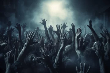 Fotobehang Halloween night background of numerous scary zombie hands risen up © Denis