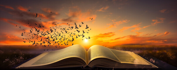 Enchanting image of an open book transforming into paper birds against a captivating sunset backdrop. Symbolizes innovation, power of knowledge and ideas taking flight. Generative AI